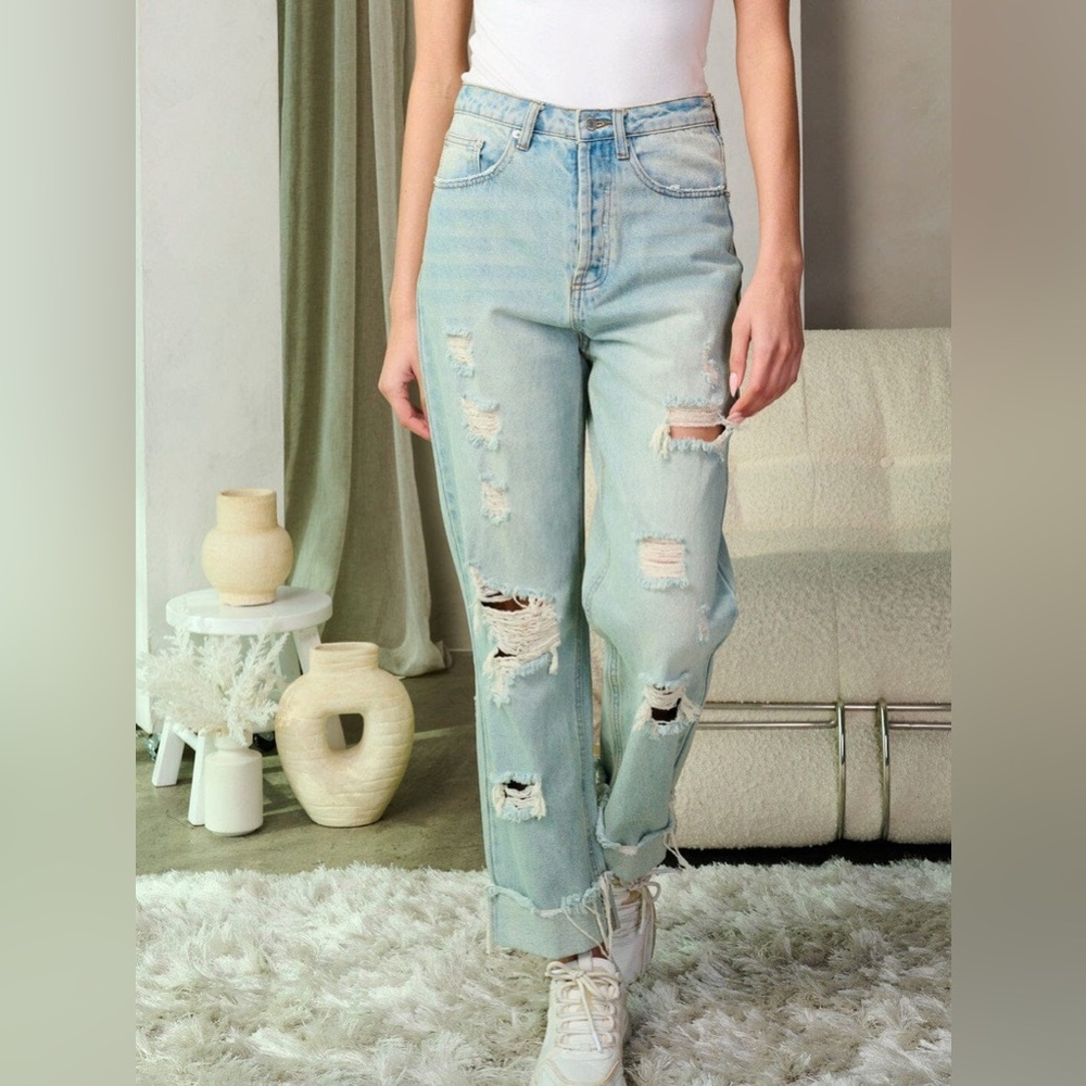 LT. BLUE DESTROYED 90'S CUFFED STRAIGHT LEG DENIM JEANS